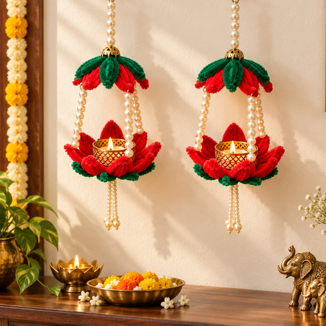 2 Pc | Handmade Pipe Cleaner Red Lotus Wall Hanging With Tealight Holder & Pearl Strings For Festive Decor