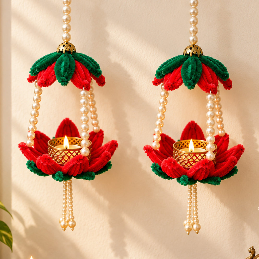 2 Pc | Handmade Pipe Cleaner Red Lotus Wall Hanging With Tealight Holder & Pearl Strings For Festive Decor