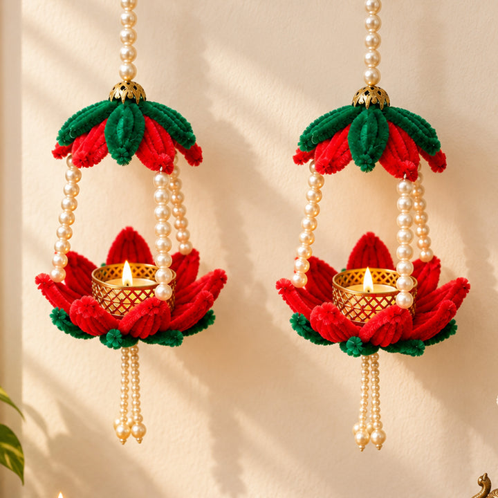 2 Pc | Handmade Pipe Cleaner Red Lotus Wall Hanging With Tealight Holder & Pearl Strings For Festive Decor