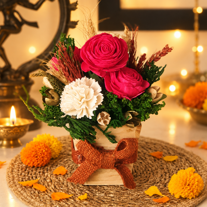Handmade Striking In Red Dried Flower Centerpiece For Diwali Decoration