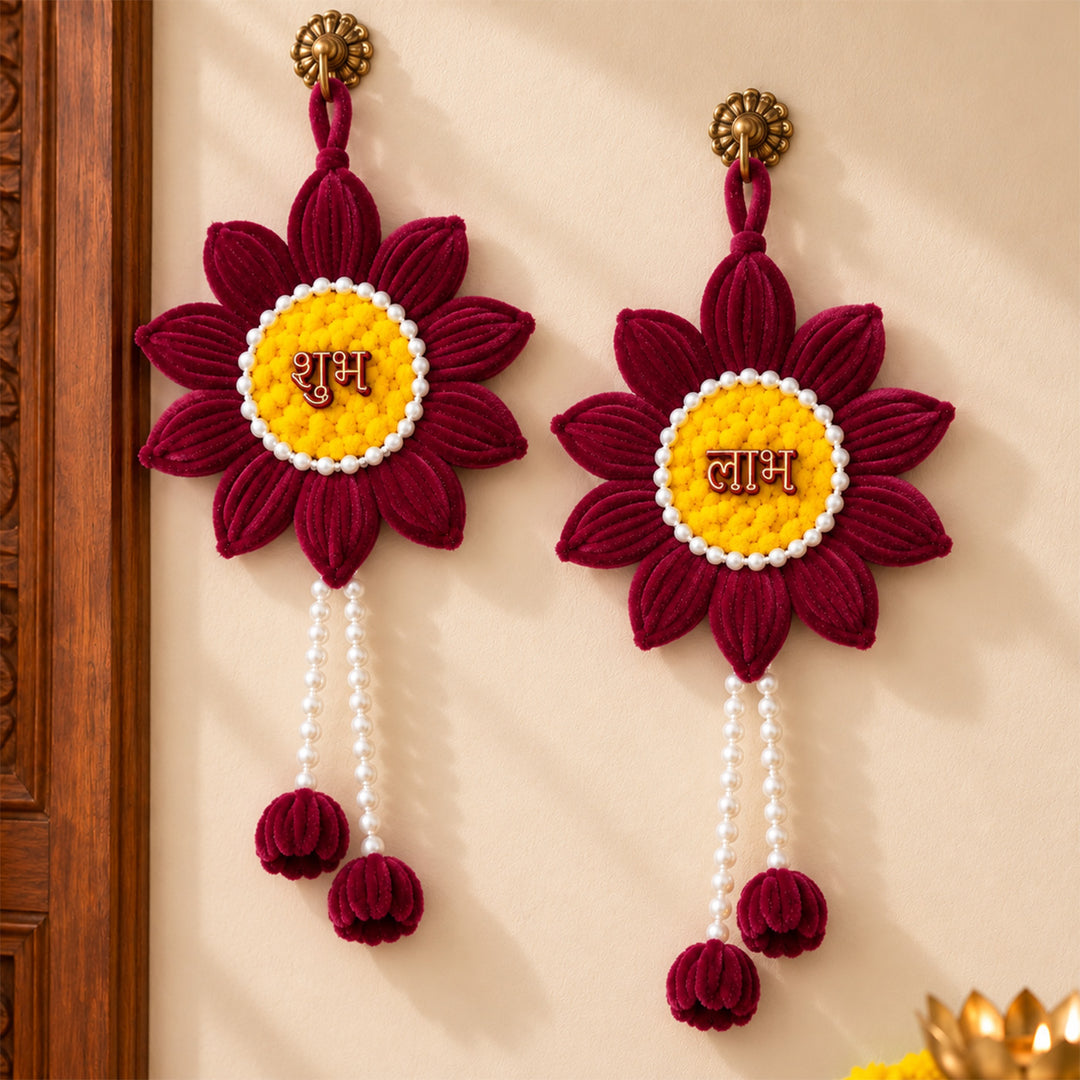 2 pc | Handmade Shubh Labh Floral Pipe Cleaner Hanging With Pearl Detailing For Diwali - Maroon