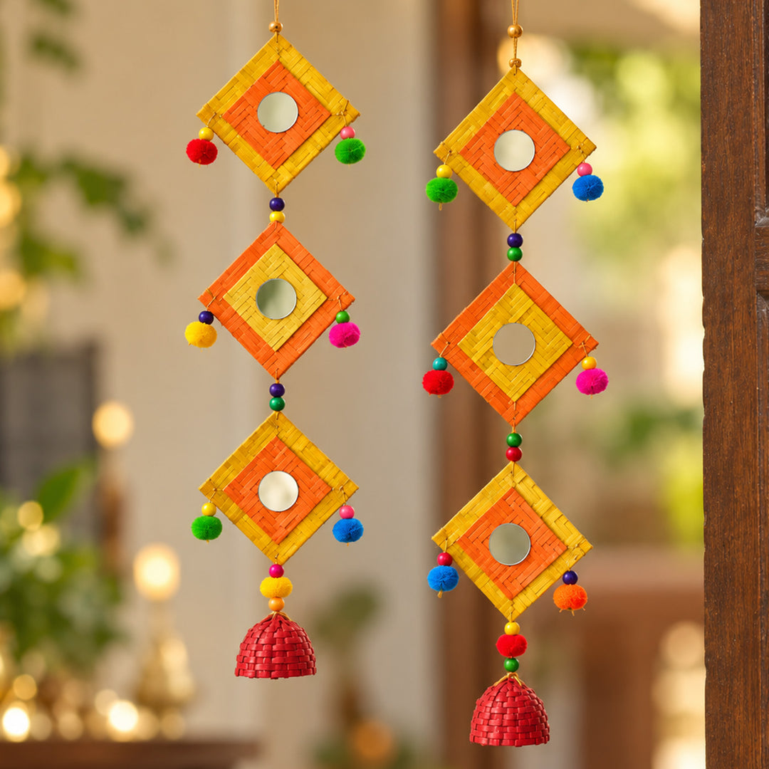 2 Pc | Handmade Woven Chatai Dual Colour Design Bamboo Hanging With Wooden Beads & Pom Poms