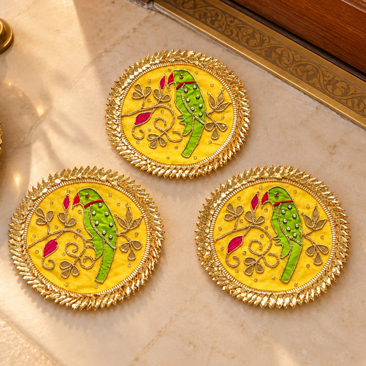5.3 Inch | Handmade Mithu Gota Patti Yellow Parrot Rangoli for Festive Decor