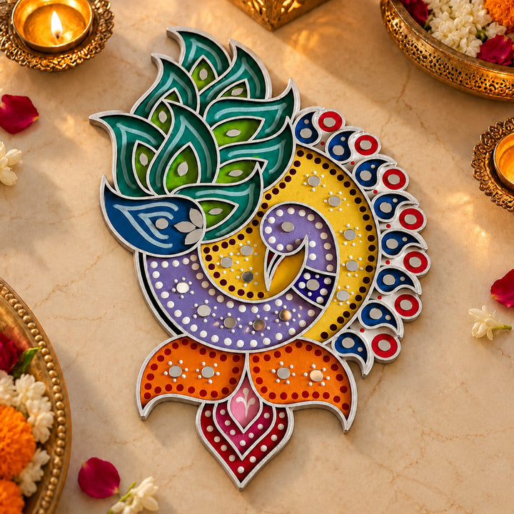 Hand-Painted Peacock & Paisley Mdf Rangoli With Mirror Work For Festive Decor