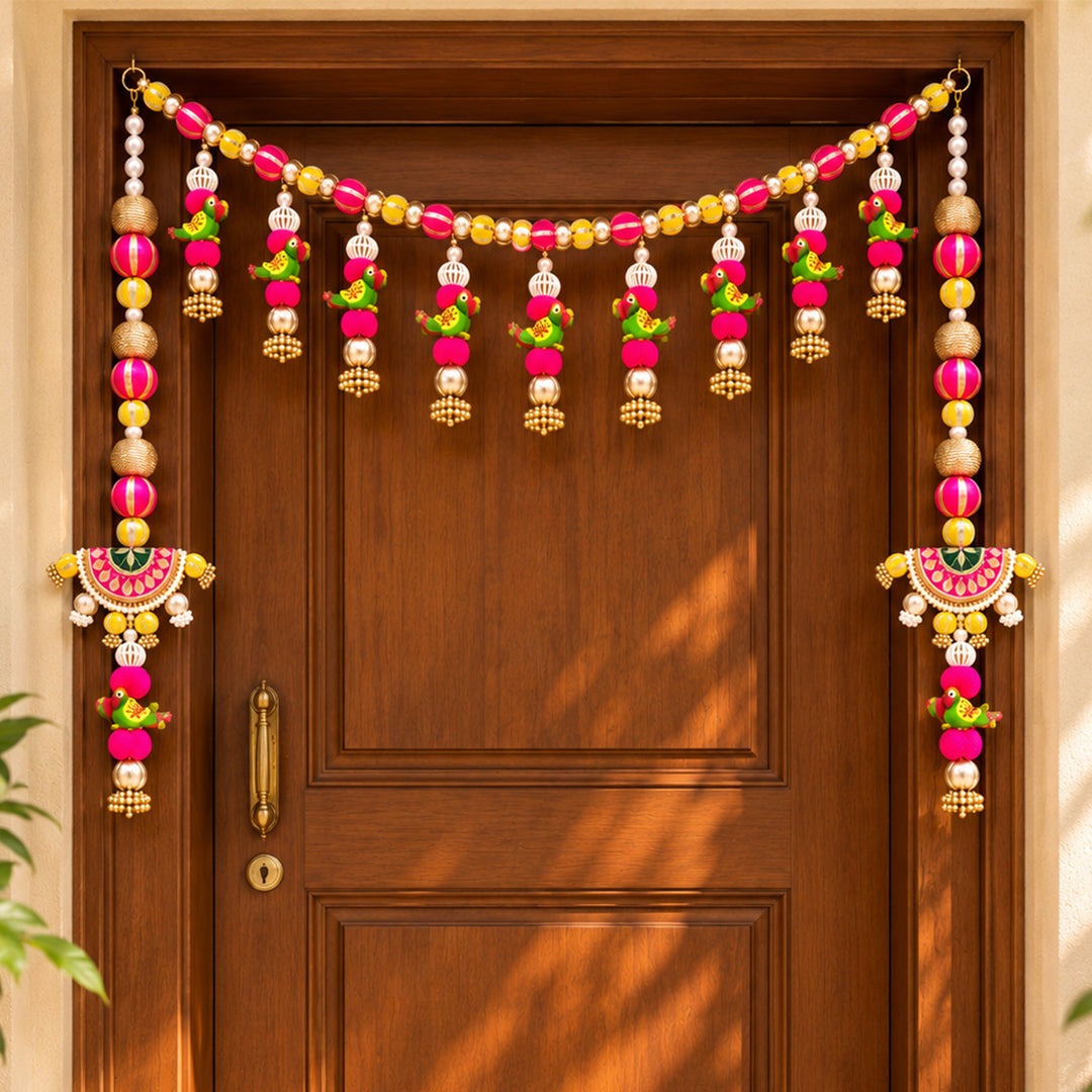 3 Pc | Handmade Parrot Toran & Side Hanging Set With Gota Patti & Zari Balls