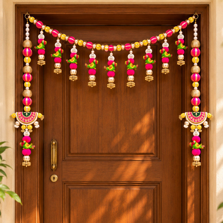 3 Pc | Handmade Parrot Toran & Side Hanging Set With Gota Patti & Zari Balls