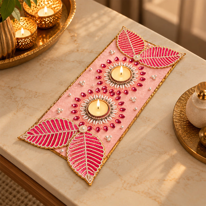 Hand Embellished Contemporary Leaf Felt Table Mat With 2 Tealight Holders For Festive Table Decor