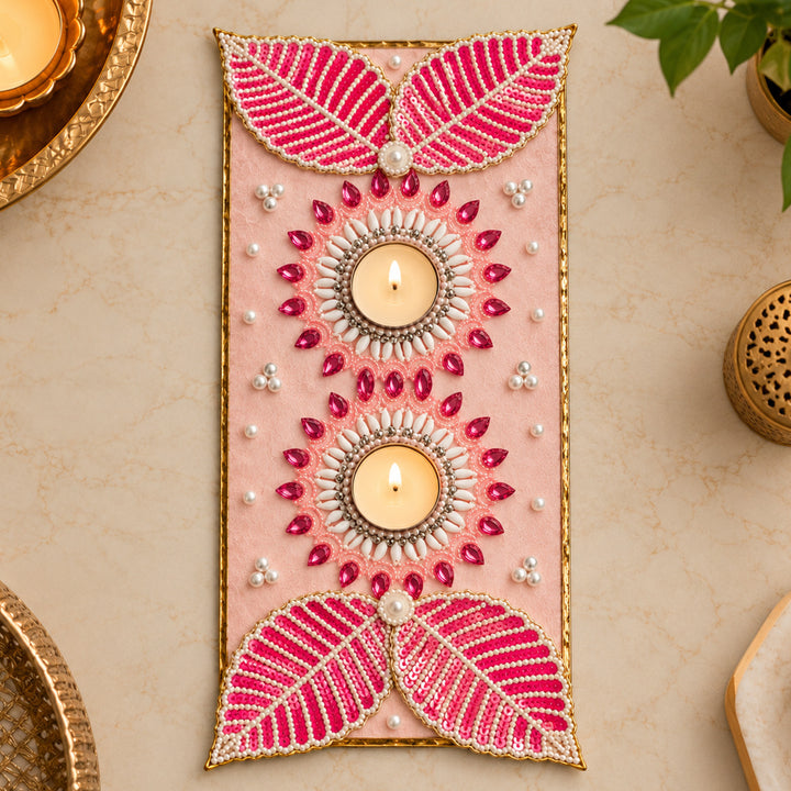 Hand Embellished Contemporary Leaf Felt Table Mat With 2 Tealight Holders For Festive Table Decor