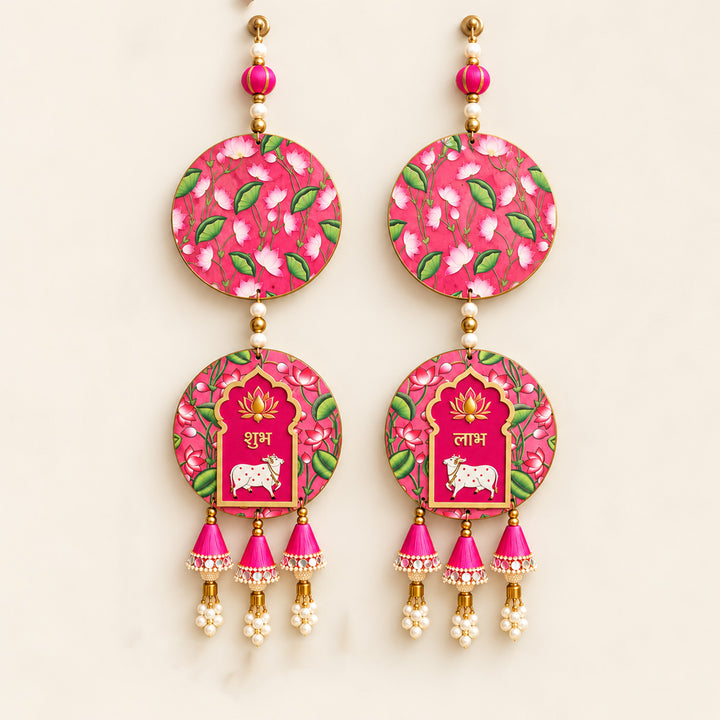 2 Pc | Handmade Pink Pichwai Shubh Labh MDF Hangings With Gota Patti & Pearl for Diwali
