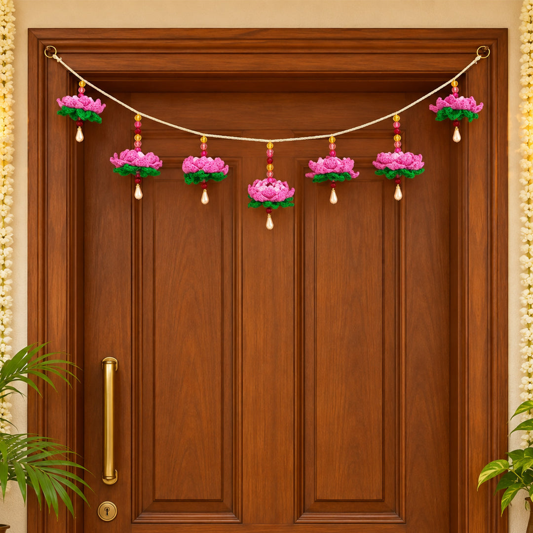 Handmade Lotus Crochet Toran with Crystal Beads & Beaded Tassels