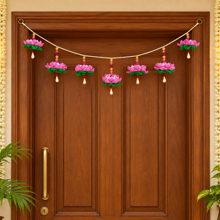 Handmade Lotus Crochet Toran with Crystal Beads & Beaded Tassels