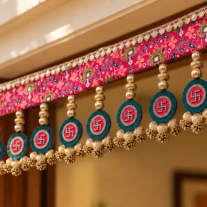Handmade Reversible Patola Print & Cutwork Swastik Toran With Moti & Bead Detailing