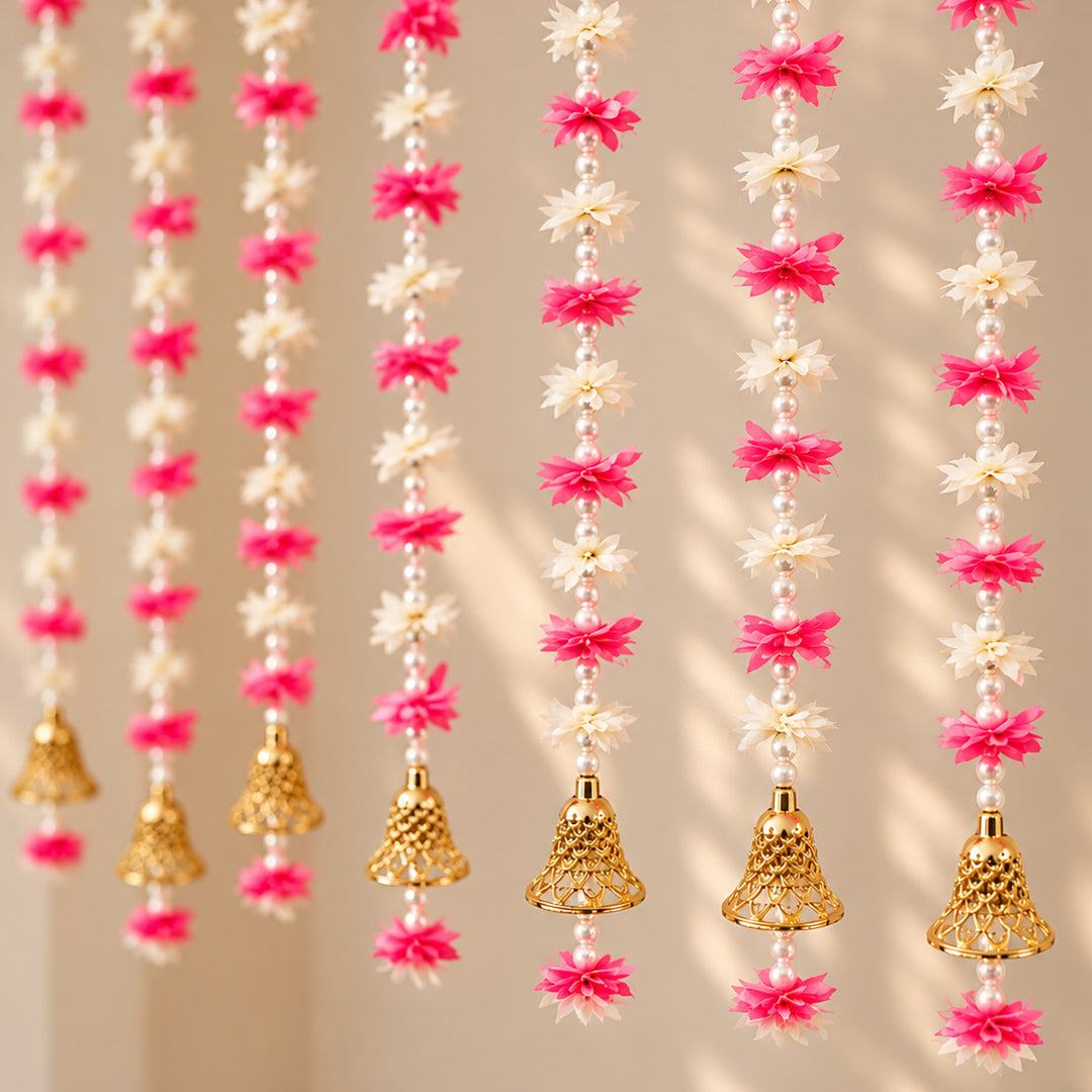 Handmade White & Pink Mogra Flower Pearl Hanging With Bells