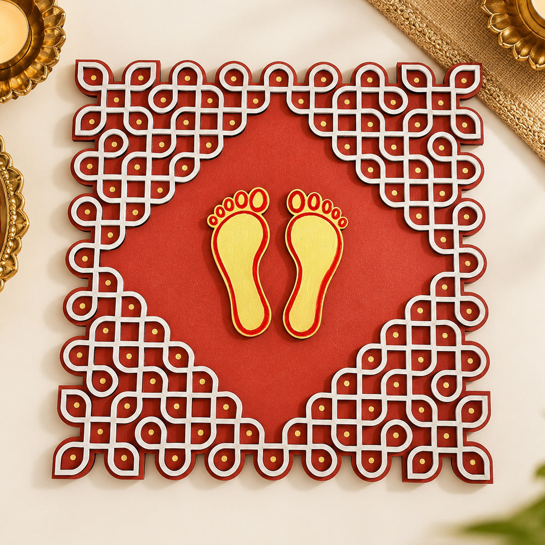 Hand-Painted Kolam With Footprints Mdf Rangoli For Festive Decor