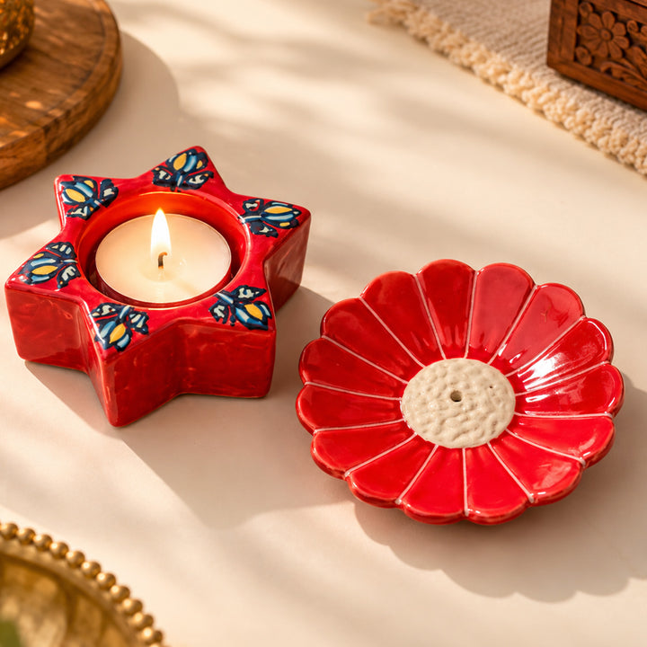 Handcrafted Ceramic Deep & Gul Diwali Gift Hamper With Agarbatti Stand And Star Tealight Holder