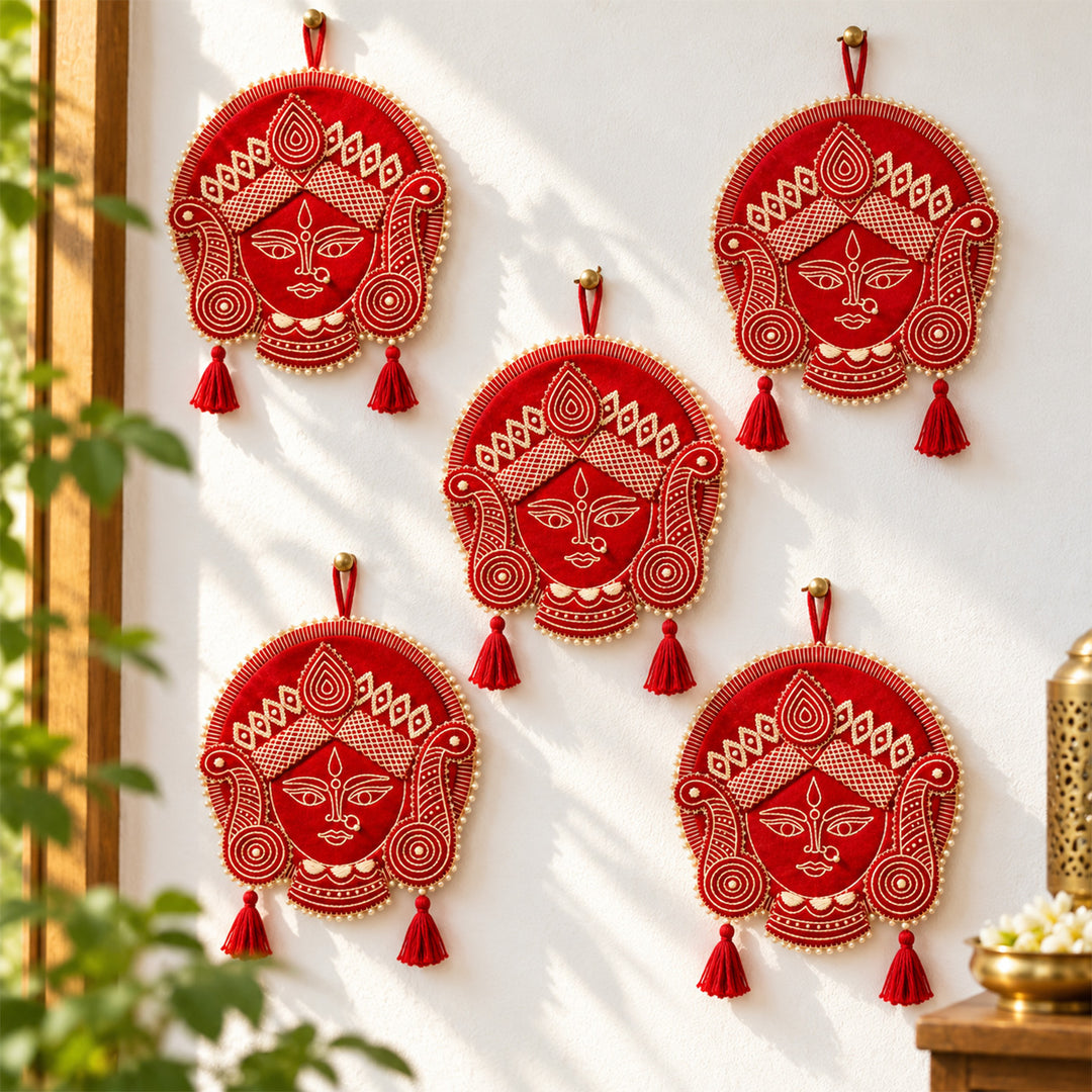 Hand Embroidered Aipan Art Durga Hanging With Glass Beads