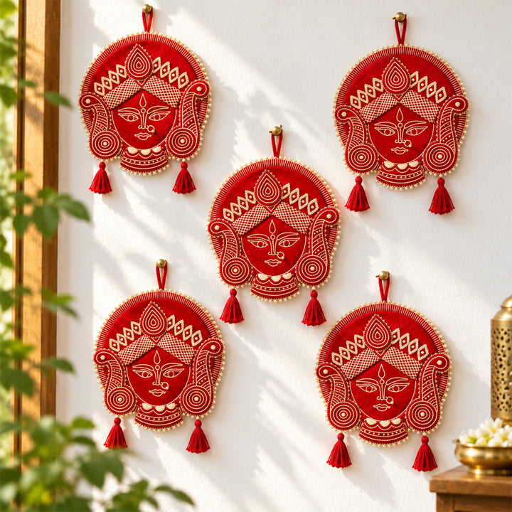 Hand Embroidered Aipan Art Durga Hanging With Glass Beads