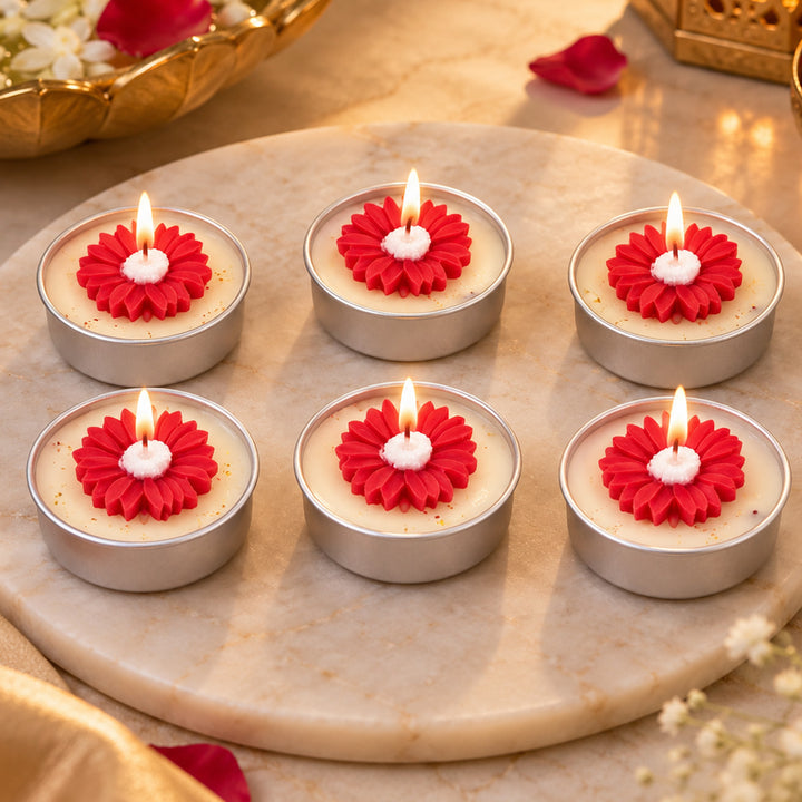 Set Of 6 | Handcrafted Scarlet Bloom Red Flower Embed Peony Blossom Scented Soy Wax Tealight Candles