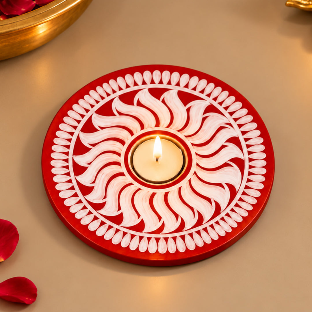 Handmade Chakra Red Swirl Mandala MDF Wood Round Tealight Holder For Festive Decor