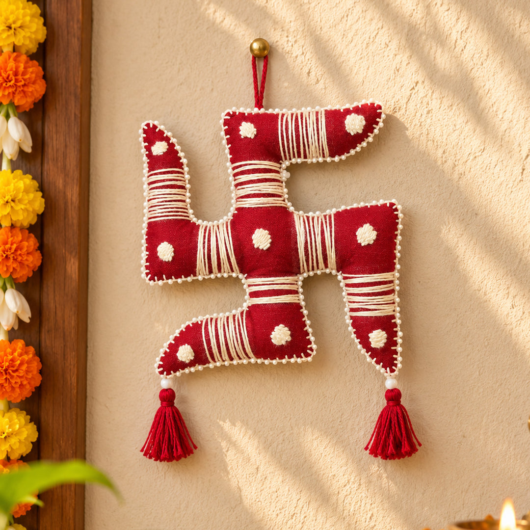 Hand Embroidered Aipan Art Swastika Hanging With Glass Beads