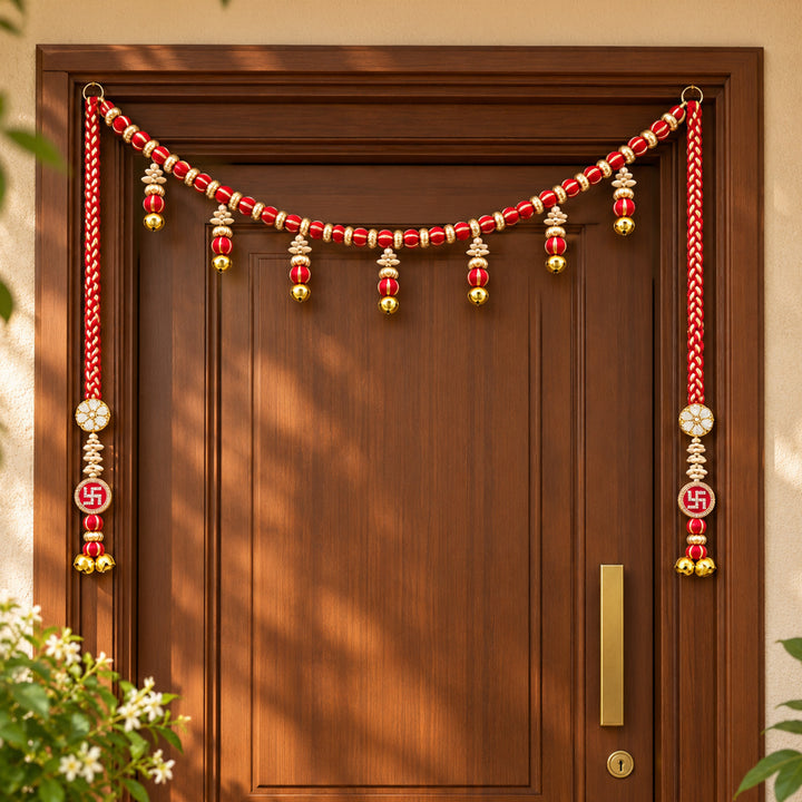 3 Pc | Handmade Red Mouli Thread Ghungroo Toran & Side Hanging Set With Swastik Motif