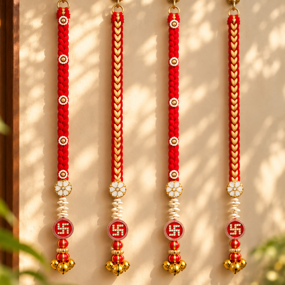 Handmade Reversible Mouli Braided Swastik Hanging With Ghungroo Bells for Diwali