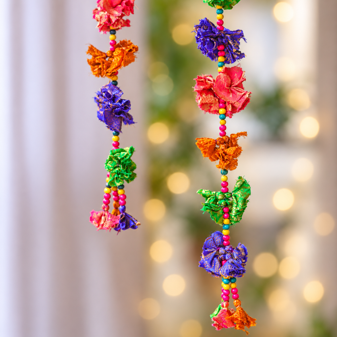 2 pc | Upcycled Multicolour Chindi Fabric Phool Door Hangings With Wooden Beads