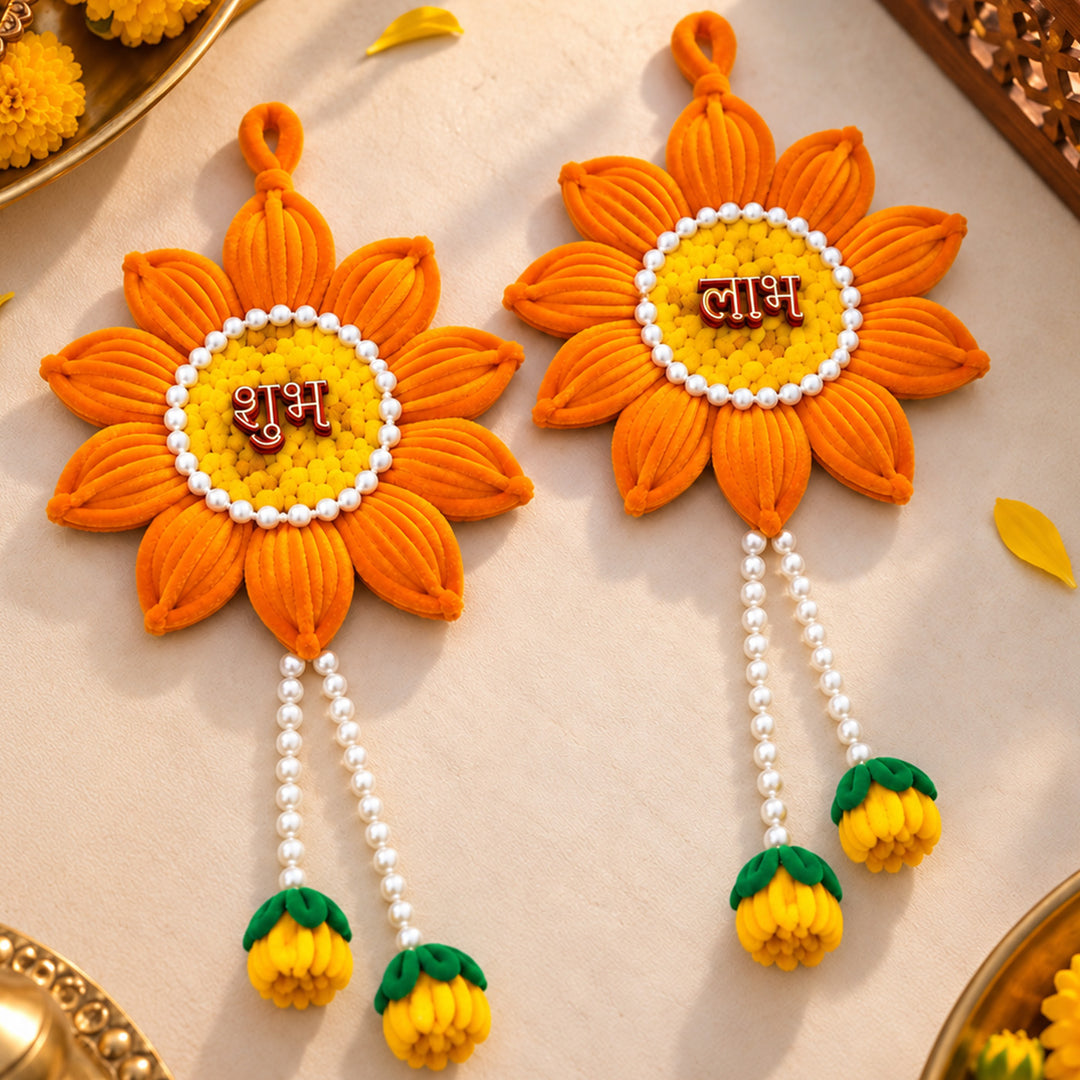 2 pc | Handmade Shubh Labh Floral Pipe Cleaner Hanging With Pearl Detailing For Diwali - Yellow