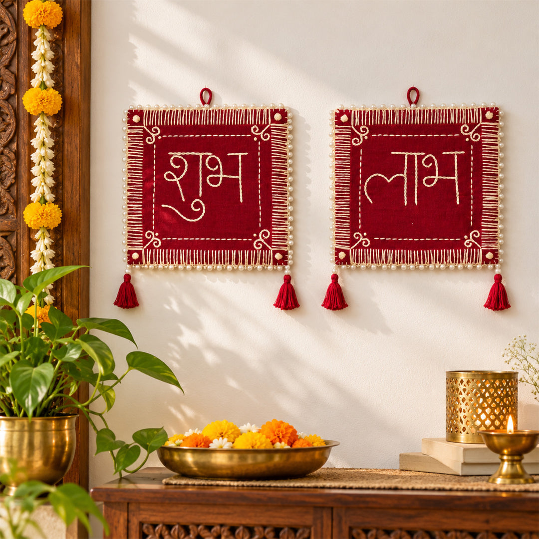 2 Pc | Hand Embroidered Aipan Art Saral Shubh Labh Hanging