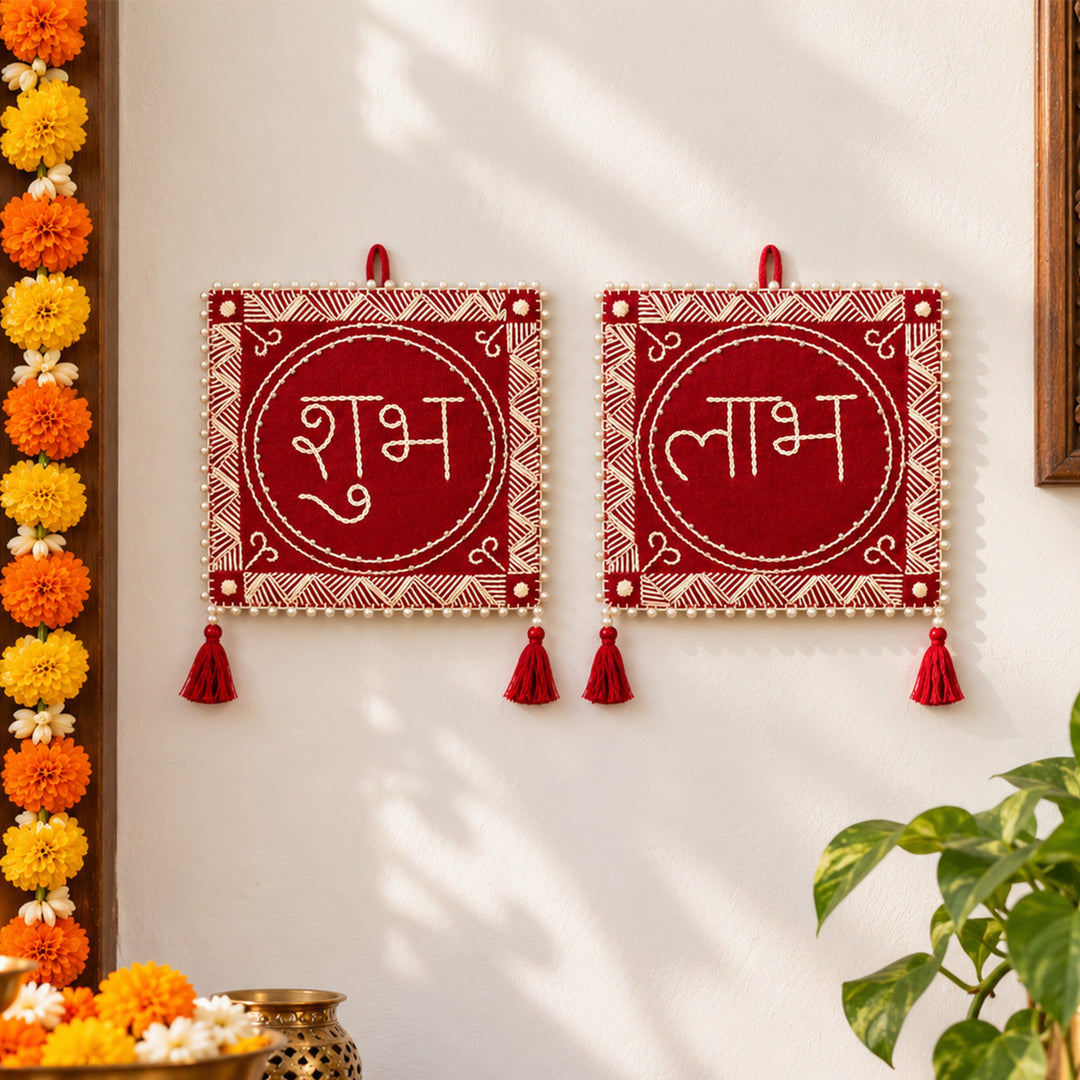 2 Pc | Hand Embroidered Aipan Art Chowk Shubh Labh Hanging