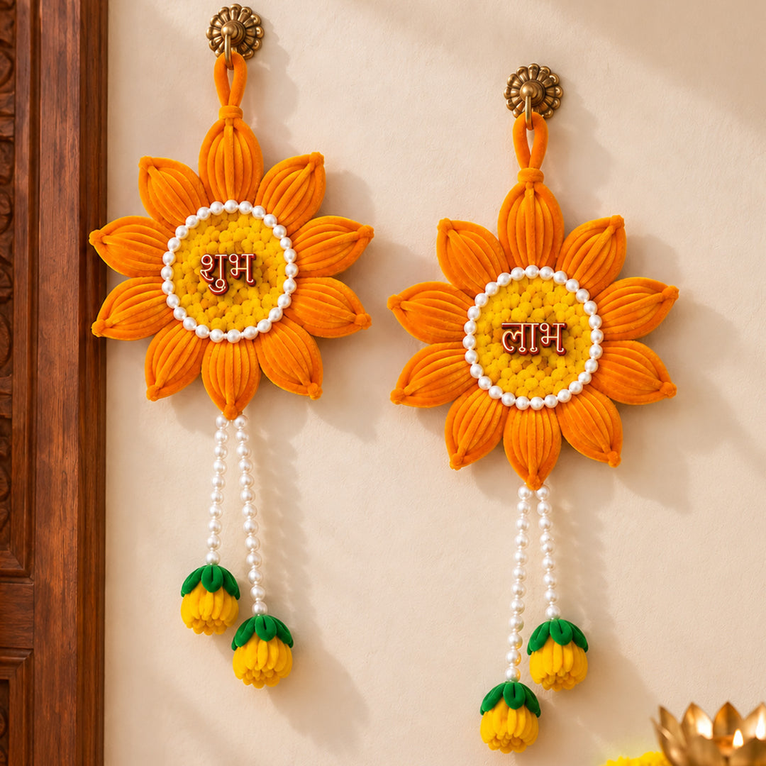2 pc | Handmade Shubh Labh Floral Pipe Cleaner Hanging With Pearl Detailing For Diwali - Yellow