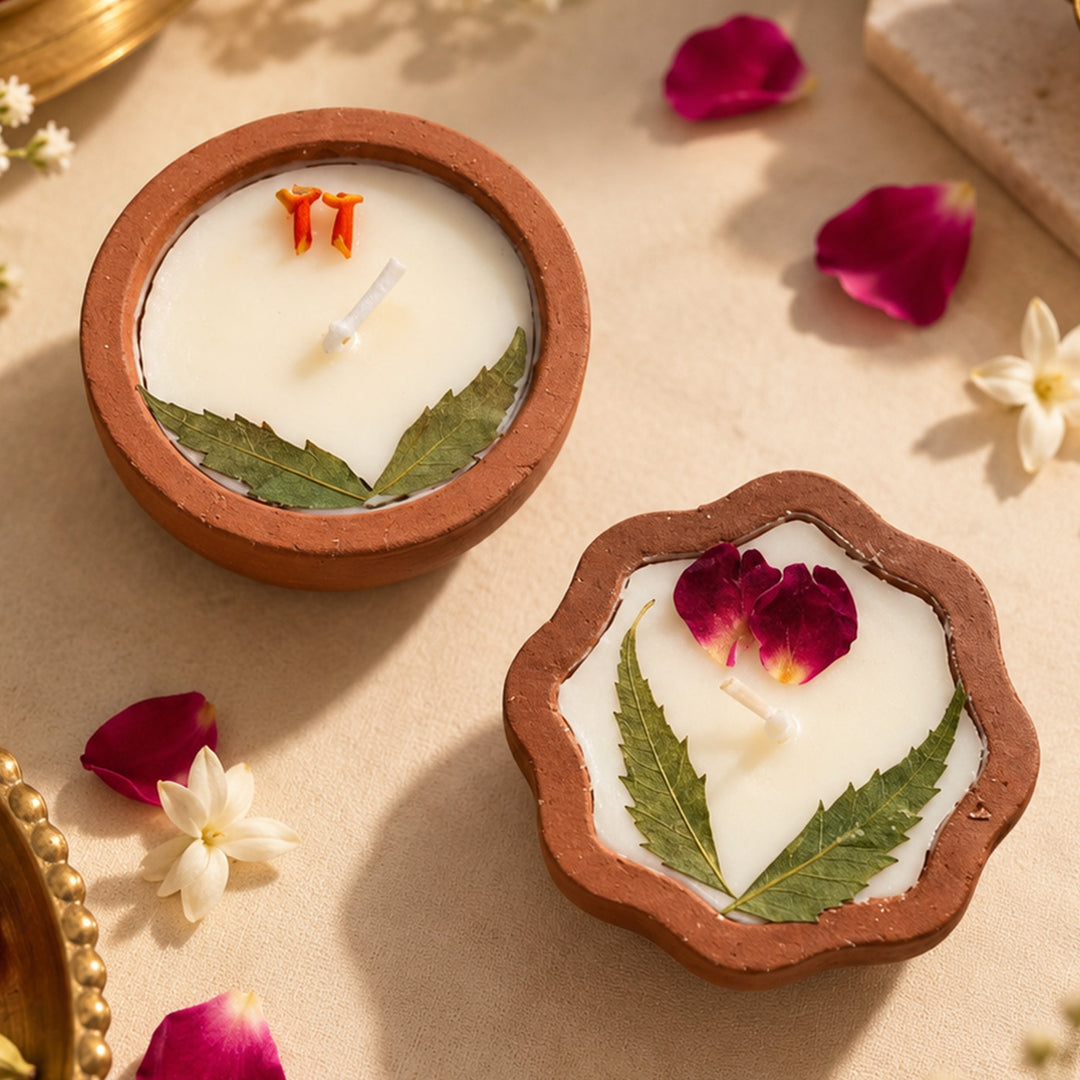 2 pc | Handmade Pressed Flower Terracotta Diya Soy Wax Scented Candle For Festive Decor