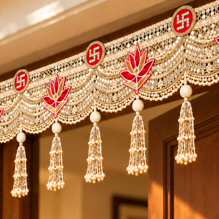 Handmade Lotus & Swastik Tassel Toran With Zari & Gota Patti Detailing