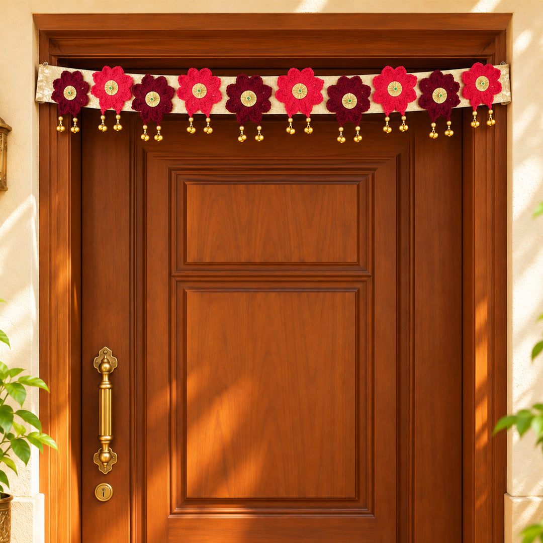 Handmade Floral Theme Crochet Toran with Gota Flowers & Ghungroo