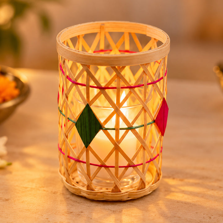 Handwoven Charles Bamboo Cylindrical Tealight Holder with Glass Candle