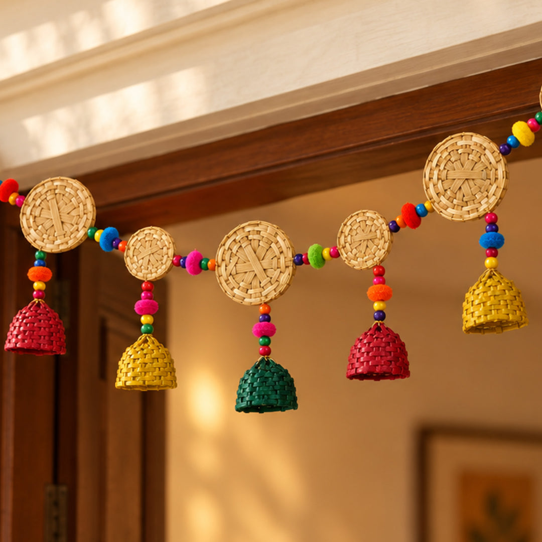 45 Inch | Handmade Woven Basket Design Bamboo Toran With Wooden Beads & Pom Poms