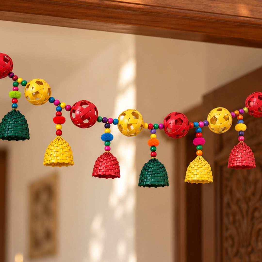 45 Inch | Handmade Woven Ball Design Bamboo Toran With Wooden Beads & Pom Poms