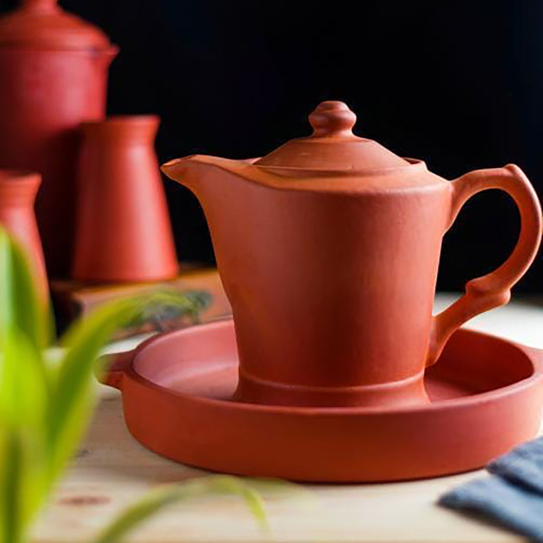 Handmade Regular Terracotta Jug With Glasses & Tray | Set Of 4