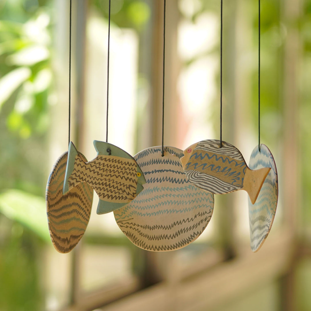 Handmade Nerikomi Ceramic Blue & White Fish Windchime