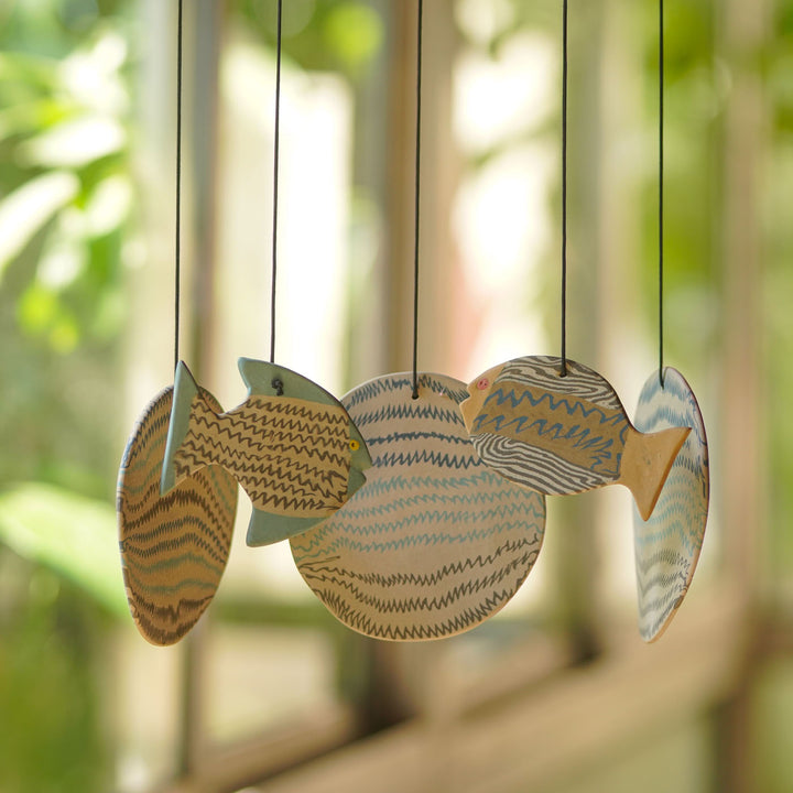 Handmade Nerikomi Ceramic Blue & White Fish Windchime