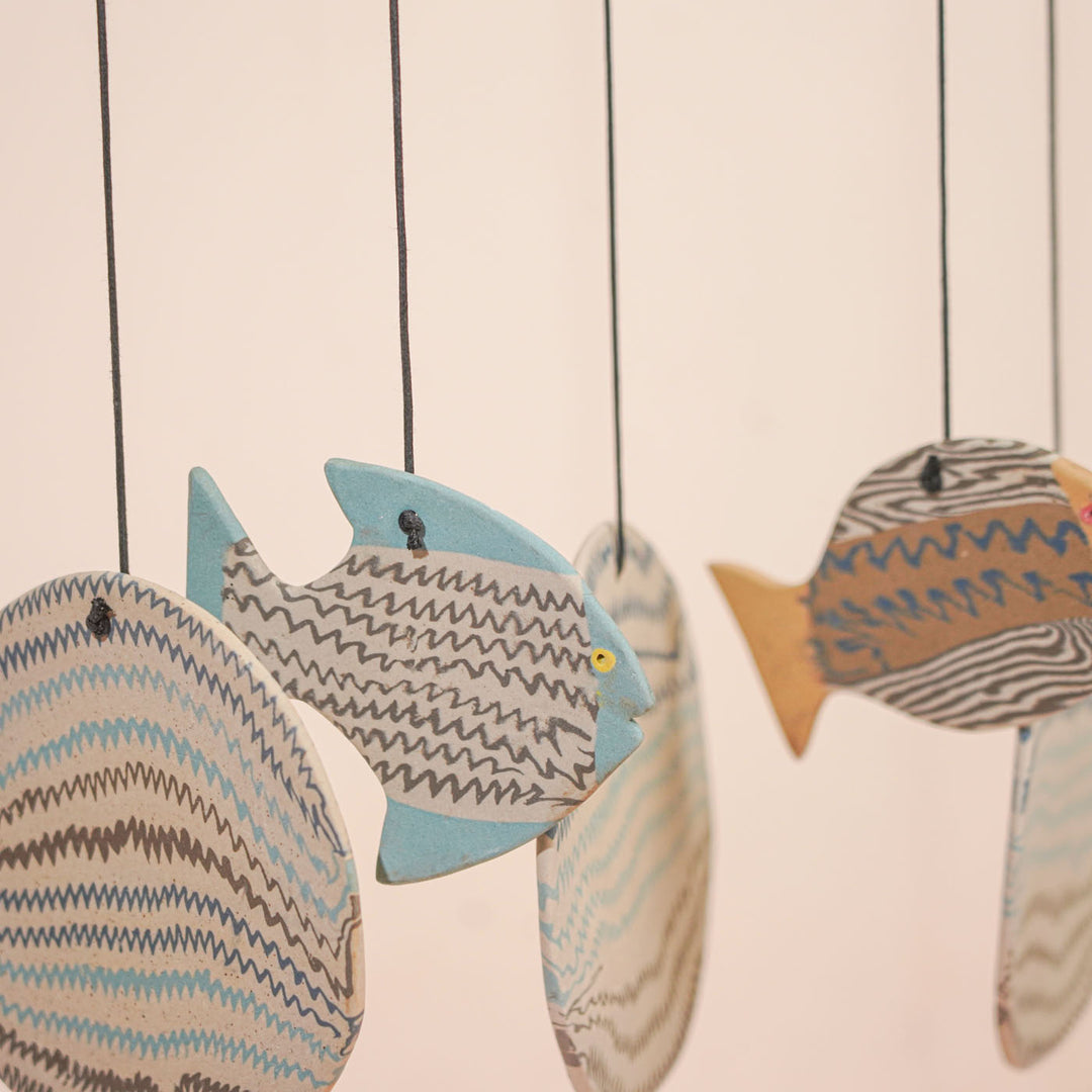 Handmade Nerikomi Ceramic Blue & White Fish Windchime