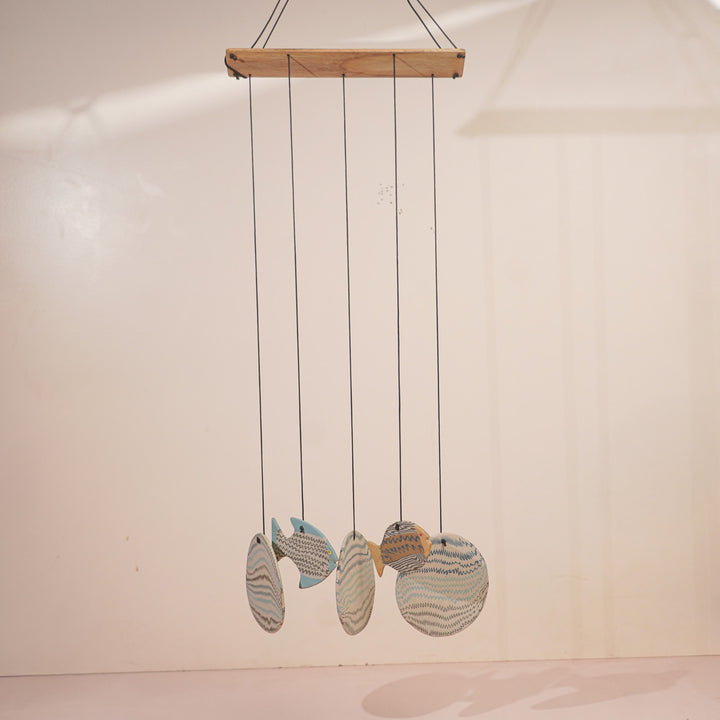 Handmade Nerikomi Ceramic Blue & White Fish Windchime
