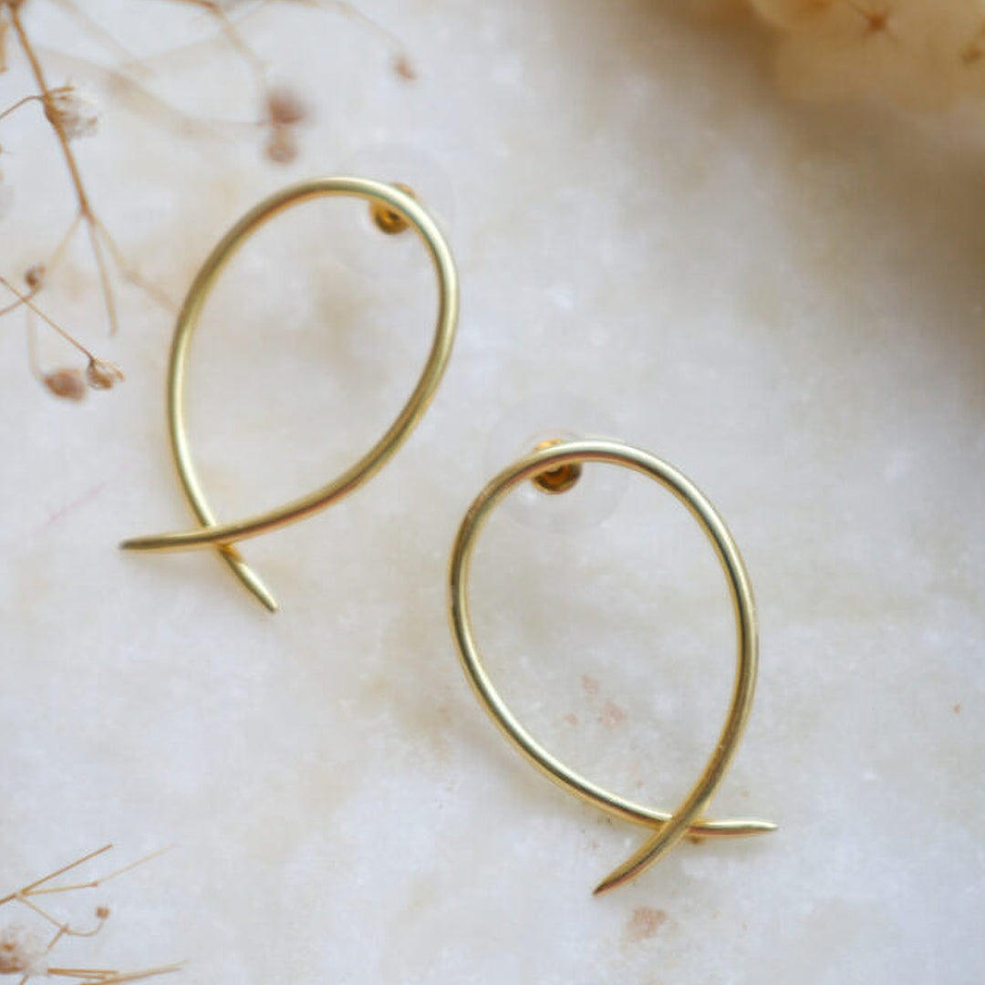 Minimal Fish Hook Design Stud Earrings | 18K Gold Dipped