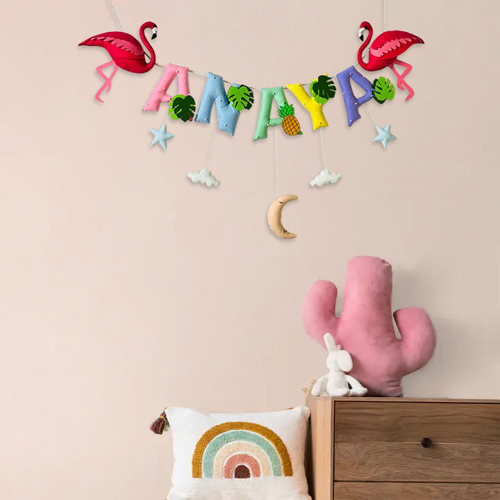 Handcrafted Personalized Flamingo Themed Bunting For Kids