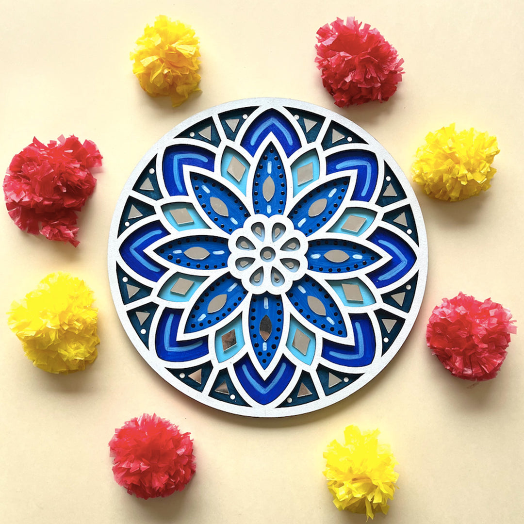 Hand-Painted Floral Lippan Art Mdf Rangoli For Festive Decor