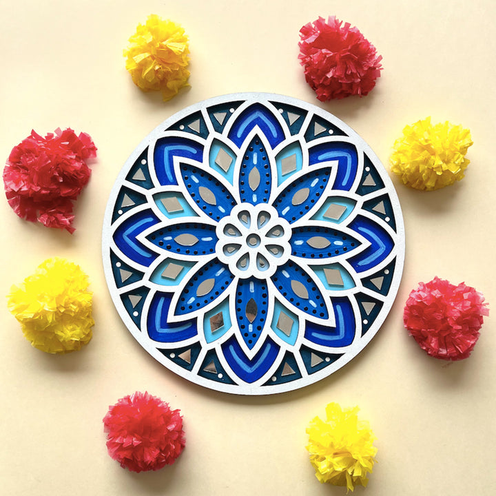 Hand-Painted Floral Lippan Art Mdf Rangoli For Festive Decor