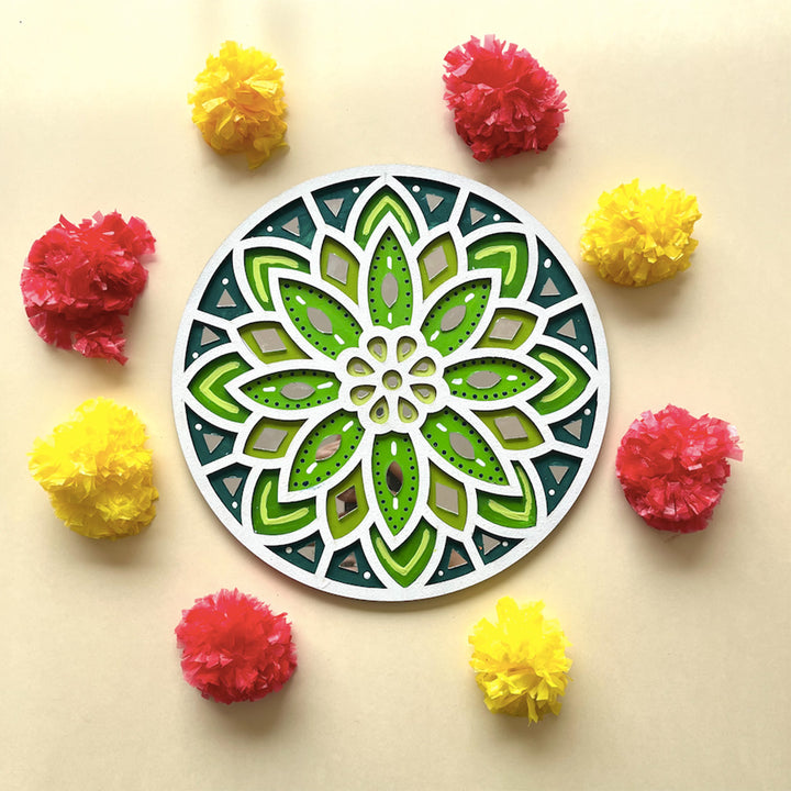 Hand-Painted Floral Lippan Art Mdf Rangoli For Festive Decor