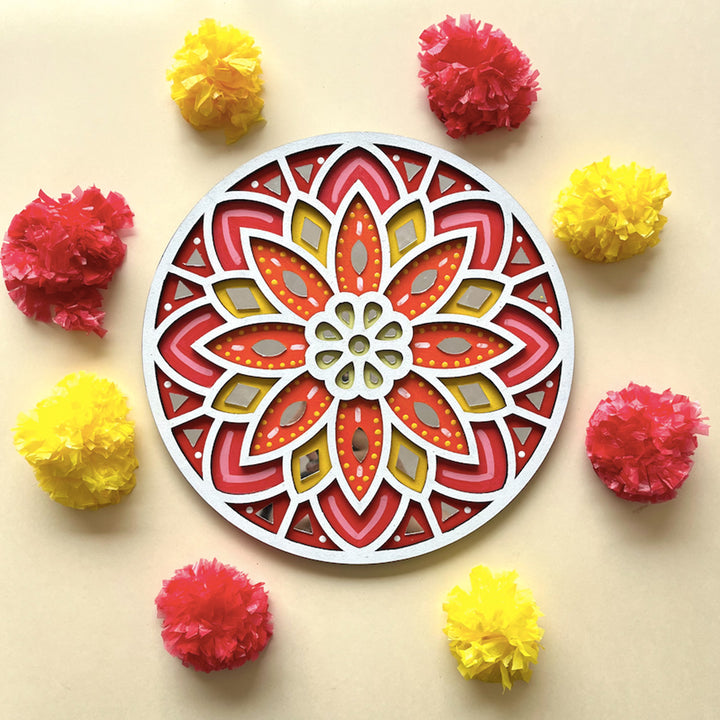 Hand-Painted Floral Lippan Art Mdf Rangoli For Festive Decor