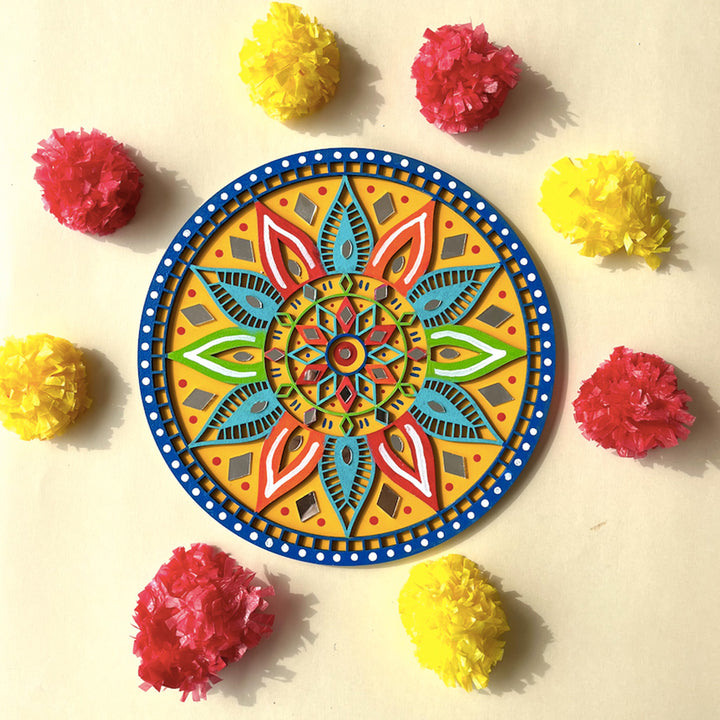 Hand-Painted Multicolour Floral Mdf Rangoli For Festive Decor
