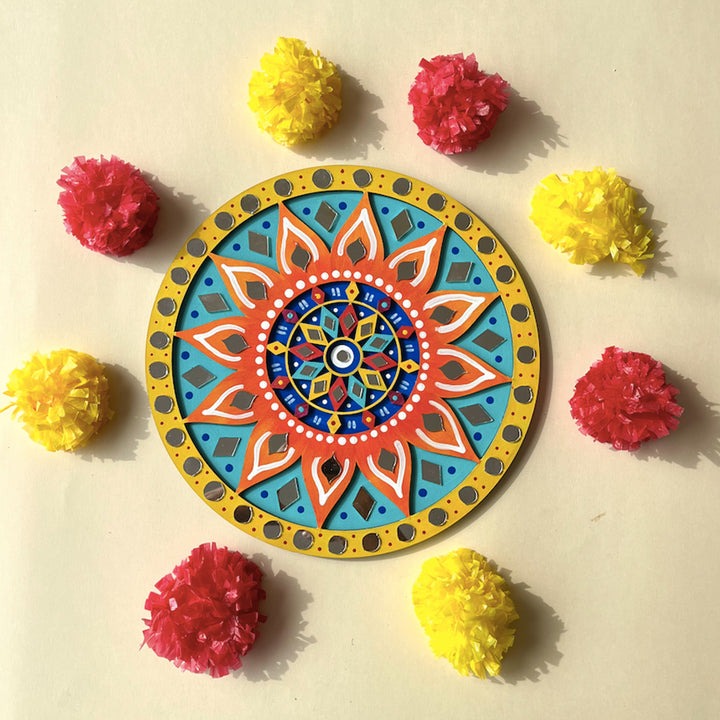 Hand-Painted Orange & Blue Floral Lippan Art Mdf Rangoli For Festive Decor